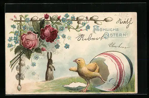 AK Osterhase blickt auf ein aus dem Ei schlüpfendes Osterküken