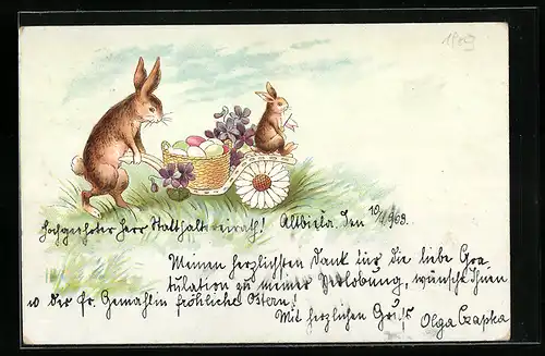 AK Osterhase schiebt Karren mit Häschen und Ostereiern