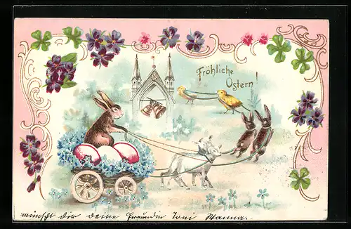 AK Küken, Hasen und Lämmer ziehen eine Kutsche, Osterhase