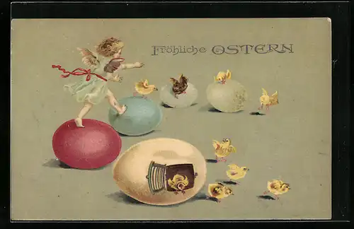 AK Osterengel balanciert auf den Ostereiern und versucht die Osterküken zu fangen