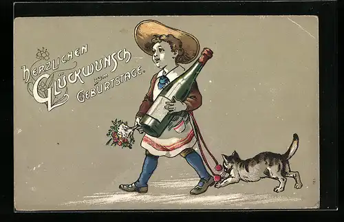 AK Junge mit Sektflasche und Katze zum Geburtstag