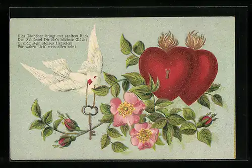AK Taube mit Schlüssel für Herzen, Valentinstag