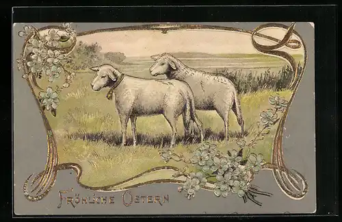 AK Fröhliche Ostern, Lämmer im Grünen