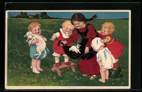 AK Kleine Kinder und Mädchen mit Lämmchen zu Ostern