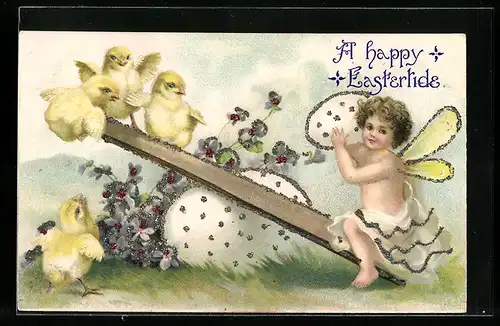 AK Osterküken auf der Wippe, A happy Eastertide