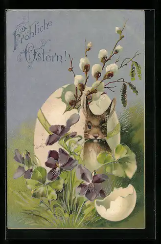 AK Osterhase mit Ostereiern, Veilchen und Weidenzweig