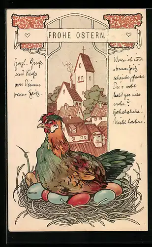 Lithographie Huhn im Nest zu Ostern, Jugendstil