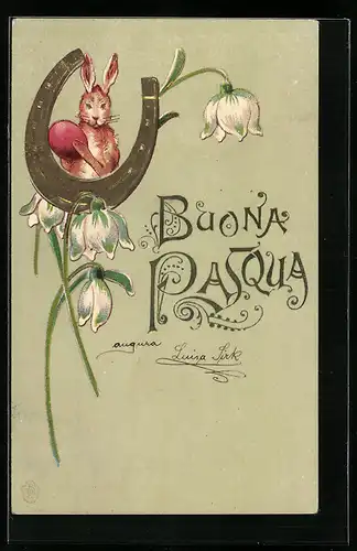 AK Osterhase mit Osterei und Hufeisen