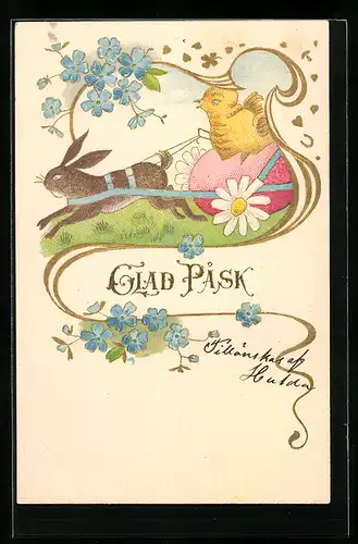 AK Osterhase zieht einen Osterei-Wagen