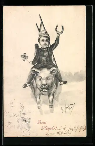 AK Kleiner Schornsteinfeger reitet auf einem Schwein, Neujahr