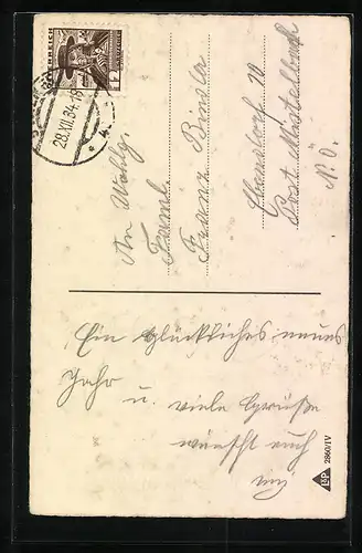 AK Schornsteinfeger läuft mit einer Laterne durch die Strassen einer Stadt