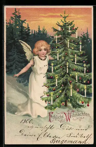 Lithographie Weihnachtsgruss, Weihnachtsengel am Christbaum