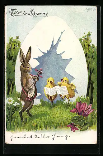 AK Musizierender Osterhase mit Küken