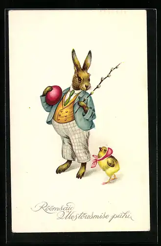 AK Schicker Osterhase im Anzug neben Küken