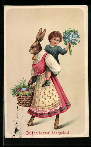 AK Frau Osterhase trägt ein Kind auf dem Rücken und in der Hand einen Korb voller Ostereier