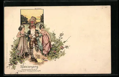 AK Zwerg in Begleitung von zwei hübschen Damen