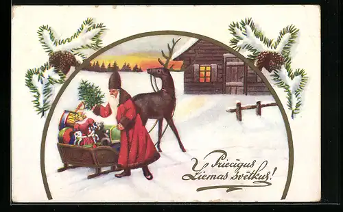 AK Weihnachtsmann mit Schlitten im Schnee