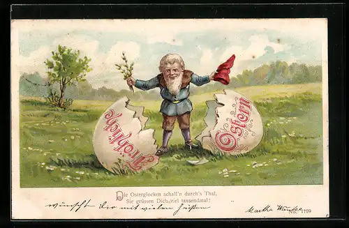 Lithographie Ostergrüsse, Zwerg mit zerbrochener Eierschale auf der Wiese