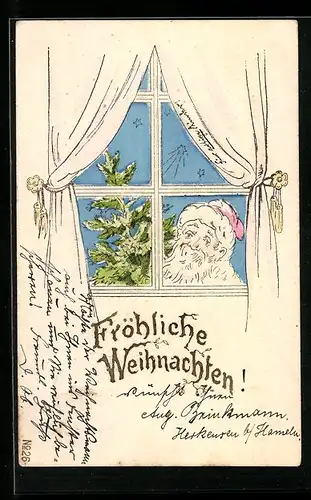 Präge-AK Weihnachtsmann blickt durch das Fenster