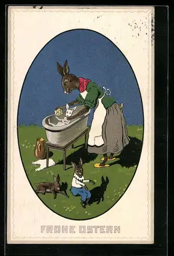 AK Frau Osterhase badet ihre Häschen in der Wanne, Frohe Ostern
