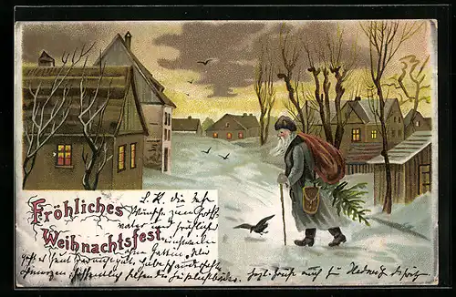 Lithographie Fröhliches Weihnachtsfest!, Weihnachtsmann erreicht eine verschneite Stadt