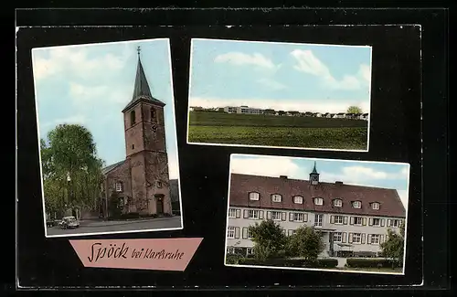 AK Spöck /Karlsruhe, Kirche und Panorama