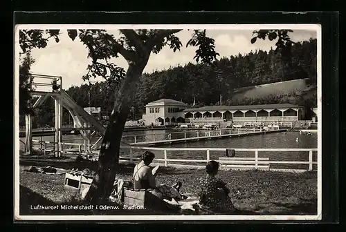 AK Michelstadt /Odenw., Stadion, Freibad mit Wasserrutsche