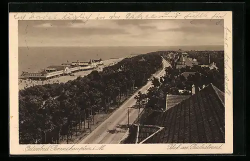 AK Brunshaupten i. M., Badestrand und Strasse aus der Vogelschau