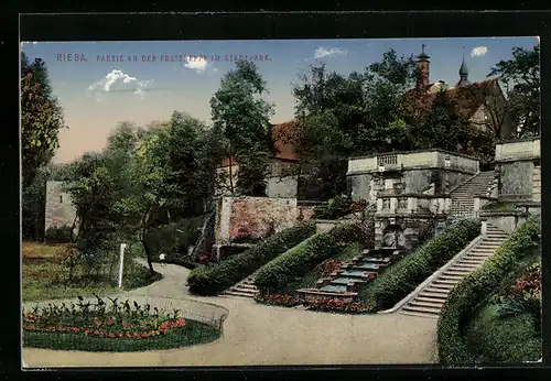 AK Riesa, Partie an der Freitreppe im Stadtpark