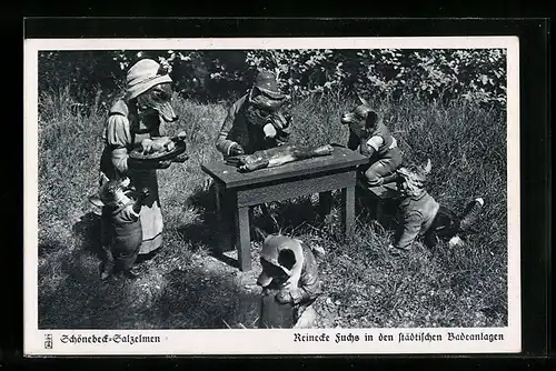 AK Schönebeck-Salzelmen, Reinecke Fuchs-Familie in den städtischen Badeanlagen