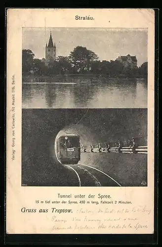 AK Berlin-Stralau, Tunnel unter der Spree mit U-Bahn, Blick nach Stralau