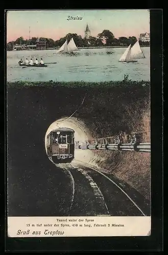 AK Berlin-Stralau, Tunnel unter der Spree mit U-Bahn, Blick nach Stralau