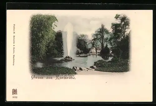 AK Karlsruhe, Uferpartie mit Fontäne