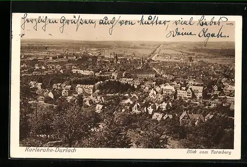 AK Karlsruhe-Durlach, Blick vom Turmberg auf den Ort