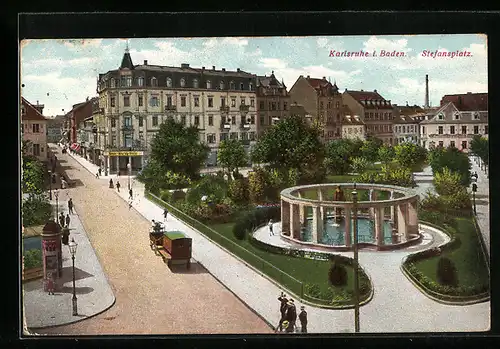 AK Karlsruhe i. B., Stefansplatz mit Brunnen und Kutsche