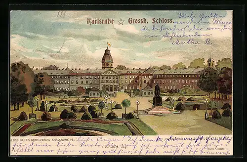 Künstler-AK Karlsruhe, Grossherzogliches Schloss mit Denkmal