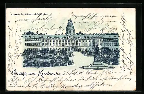 Lithographie Karlsruhe, Grossherzogliches Schloss mit Schlossplatz