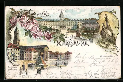 Lithographie Karlsruhe, Residenzschloss, Marktplatz und Stadtkirche