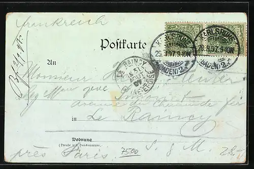 Lithographie Karlsruhe, Residenzschloss, Marktplatz und Stadtkirche