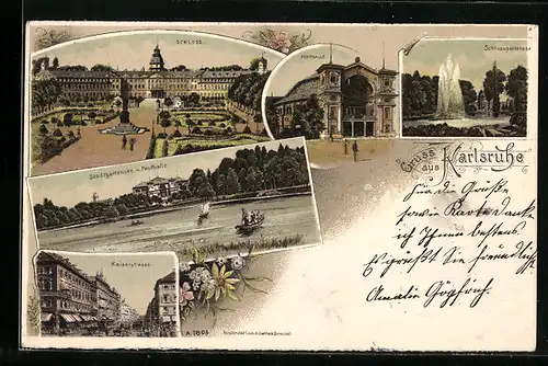 Lithographie Karlsruhe, Schloss, Festhalle, Kaiserstrasse