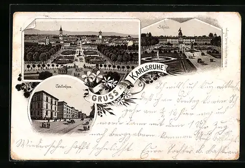 Lithographie Karlsruhe, Schloss, Cadettenhaus, Ortspartie