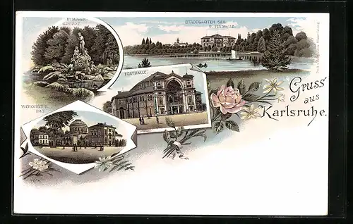 Lithographie Karlsruhe, Nymphengruppe, Stadtgartensee, Festhalle & Vierordt`s Bad