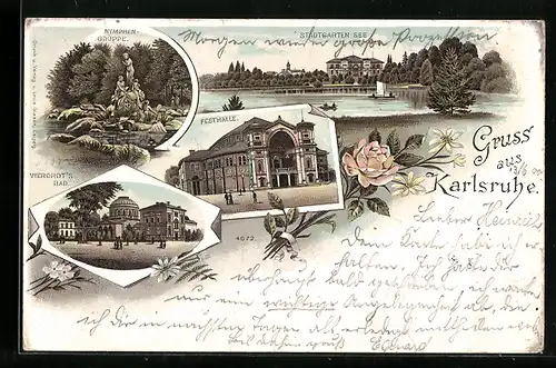 Lithographie Karlsruhe, Nymphengruppe, Stadtgartensee, Festhalle & Vierordt`s Bad