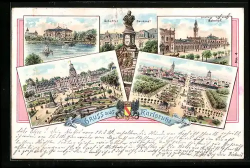 Lithographie Karlsruhe, Scheffel-Denkmal, Bahnhof, Residenzschloss