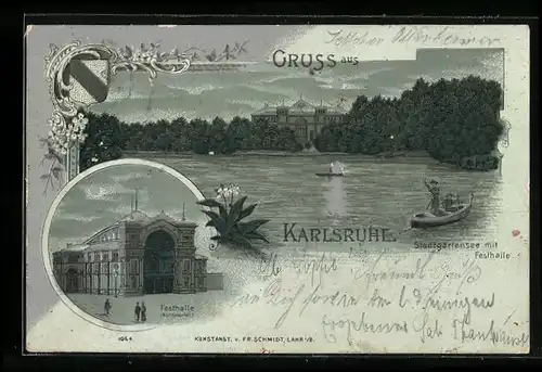Mondschein-Lithographie Karlsruhe, Stadtgartensee mit Festhalle