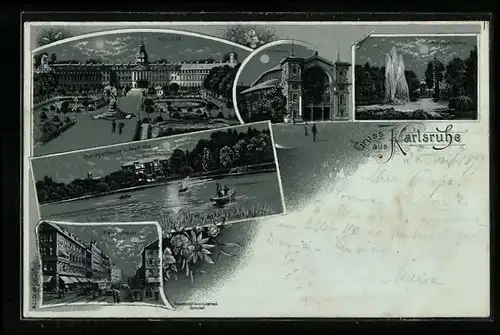 Mondschein-Lithographie Karlsruhe, Schloss, Stadtgartensee mit Festhalle, Kaiserstrasse