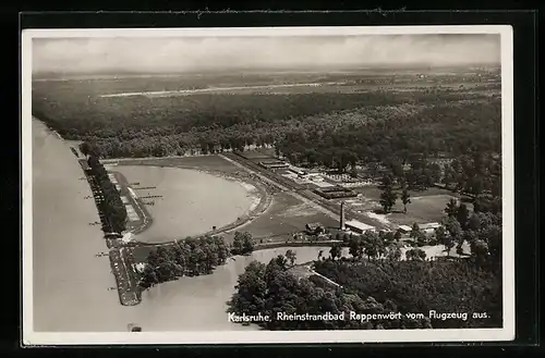 AK Karlsruhe, Rheinstrandbad Rappenwört, Fliegeraufnahme