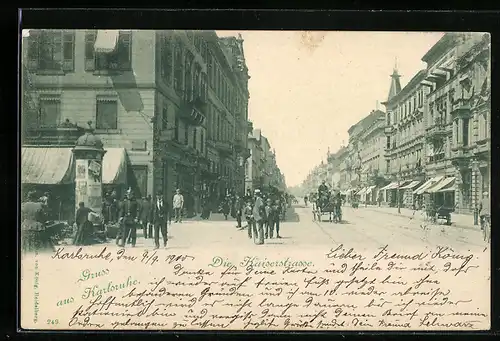 AK Karlsruhe, Blick in die Kaiserstrasse mit Spaziergängern und Kutsche