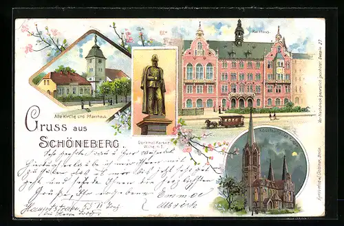 Lithographie Berlin-Schöneberg, Partie am Rathaus, Alte Kirche und Pfarrhaus, Denkmal Kaiser Wilhelm I.