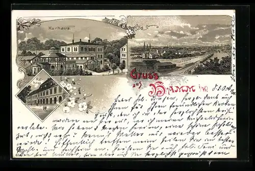 Lithographie Hamm i. W., Kurhaus, Rathaus, Ortsansicht mit Bahnhof
